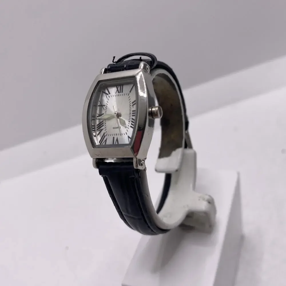 Womens Black Leather Silver Watch New Battery